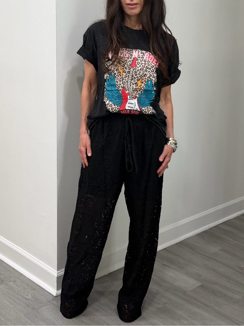FROM PARIS FRANCE Black Crochet Wide-Leg Pants -  Pull-On
